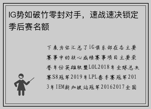 IG势如破竹零封对手，速战速决锁定季后赛名额